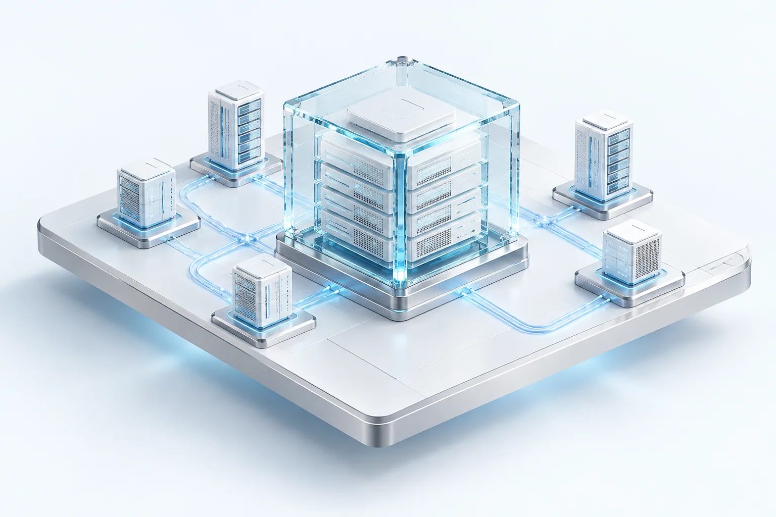 White and glass cloud infrastructure connected with blue data paths
